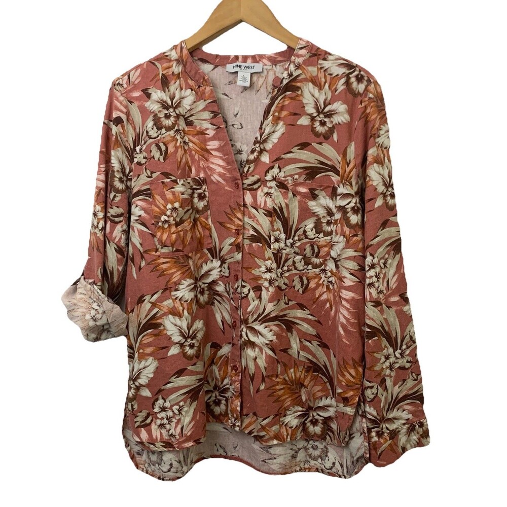 Nine West Size L Mauve Floral Linen Blend Button Up Top Roll-tab Sleeve Casual